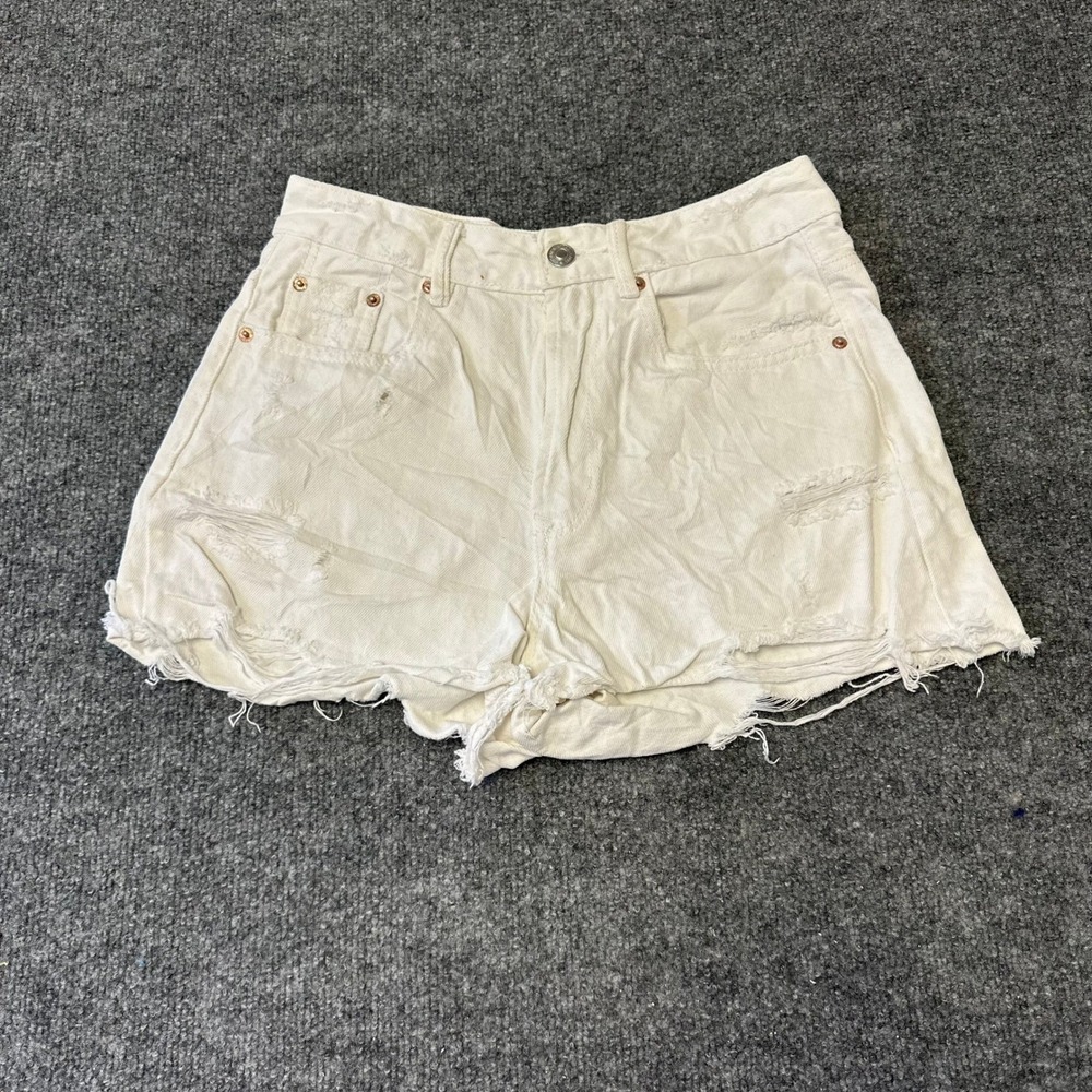 Stradivarius Denim Shorts Womens Size 4 White Distressed High Waist Cotton Hem
